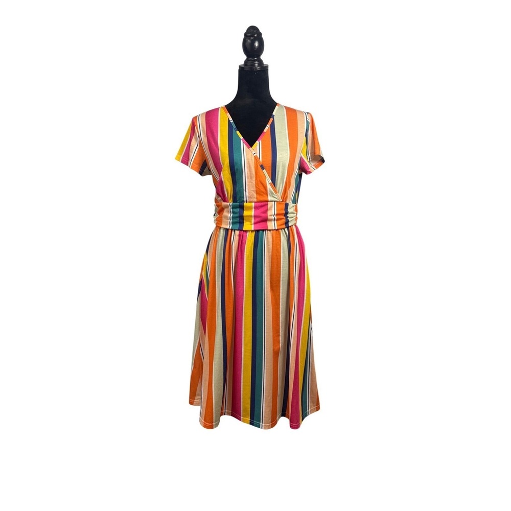 OUGES Striped Wrap Dress Womens Medium Multicolor Excellent Pockets‎ V-Neck